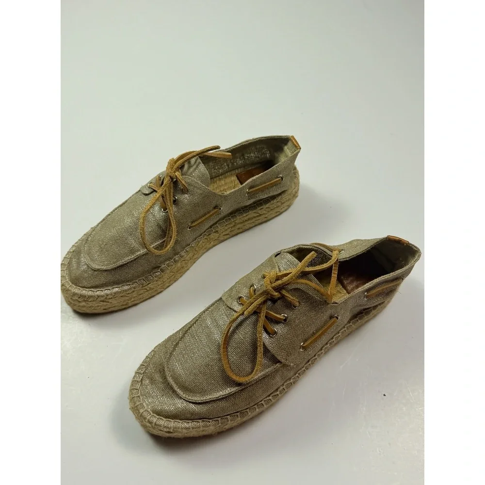 Tory Burch Metallic Gold Canvas Espadrille Boat Shoes Size 10 Made in Spain